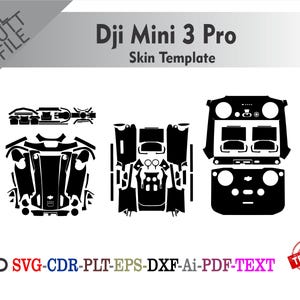 Può includere: Modello di skin in bianco e nero per un drone Dji Mini 3 Pro. L'immagine mostra vari file di taglio per il corpo e il controller del drone. Il testo include "Dji Mini 3 Pro Skin Template" e abbreviazioni di tipo di file come "SVG" e "PDF".