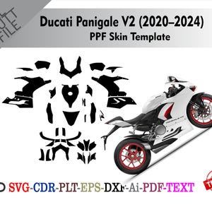 May include: A white Ducati Panigale V2 motorcycle with red accents and wheels, next to a black PPF skin template. The image includes the text "Ducati Panigale V2 (2020-2024) PPF Skin Template."