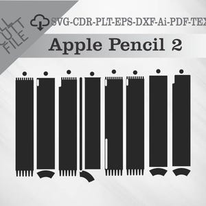 以下が含まれることがあります： Apple Pencil 2の白黒グラフィックデザイン。デザインには、点線の上部とテクスチャ加工されたベースを備えた複数の長方形が含まれています。「Apple Pencil 2」というテキストが白い長方形で表示されています。