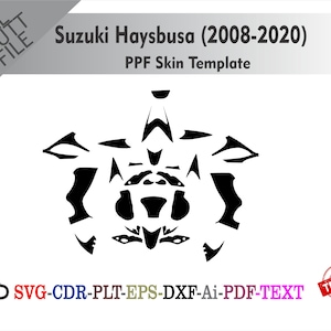 Op de afbeelding: Een zwart-wit PPF skin template voor een Suzuki Hayabusa motorfiets (2008-2020). De template bestaat uit verschillende zwarte vormen en bevat de tekst "SVG-CDR-PLT-EPS-DXF-Ai-PDF-TEXT" en een "GETEST" stempel.