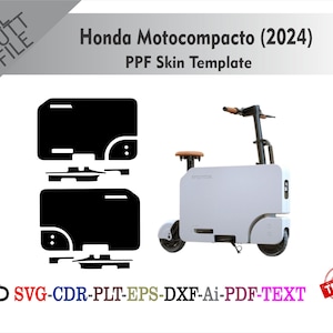 Op de afbeelding: Een witte Honda Motocompacto (2024) scooter met zwarte wielen en een bruin zadel. De afbeelding bevat een zwart sjabloon en de tekst "PPF Skin Template". De afbeelding bevat ook de tekst "SVG-CDR-PLT-EPS-DXF-Ai-PDF-TEXT".