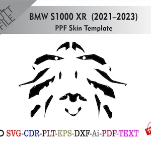 Op de afbeelding: Een witte achtergrond met een zwarte afbeelding van een motorfietsonderdeel sjabloon. De tekst "BMW S1000 XR (2021-2023) PPF Skin Template" staat bovenaan. Daaronder staan bestandstype-pictogrammen en tekst. Een rode "TESTED" stempel staat in de hoek.
