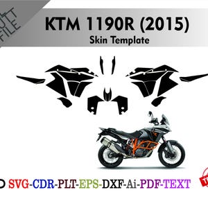 Könnte beinhalten: Eine schwarz-weiße KTM 1190R (2015) Motorrad-Skin-Vorlage mit einer Motorradgrafik. Das Bild enthält den Text "KTM 1190R (2015) Skin Template" und Dateitypoptionen: SVG, CDR, PLT, EPS, DXF, Ai, PDF und TEXT.