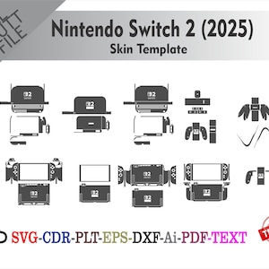 Könnte beinhalten: Eine schwarz-weiße Skin-Vorlage für die Nintendo Switch 2 (2025). Die Vorlage enthält verschiedene Schnittdateien für die Konsole, Controller und Zubehör. Das Bild enthält auch den Text "SVG-CDR-PLT-EPS-DXF-Ai-PDF-TEXT" und einen "GETESTET"-Stempel.