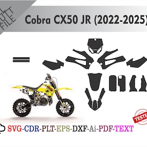 Może przedstawiać: Żółto-czarny motocykl crossowy Cobra CX50 JR (2022-2025) z pasującym zestawem czarnych naklejek. Obraz zawiera tekst "ALL CUT FILE" i "TESTED". Zawiera również SVG-CDR-PLT-EPS-DXF-Ai-PDF-TEXT.