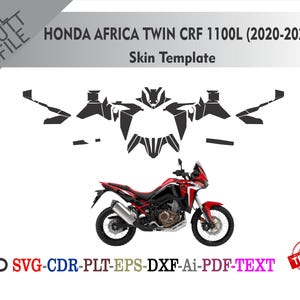 Pode incluir: Uma motocicleta Honda Africa Twin CRF 1100L vermelha e preta com um design de modelo de pele. A imagem inclui o texto "HONDA AFRICA TWIN CRF 1100L (2020-2022) Skin Template" e opções de tipo de arquivo: SVG, CDR, PLT, EPS, DXF, Ai, PDF e TEXT.