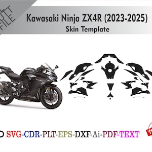以下が含まれることがあります： 「Kawasaki Ninja ZX4R (2023-2025) Skin Template」のテキストが入った、黒いカワサキNinja ZX4Rオートバイのスキンテンプレート。画像には、SVG、CDR、PLT、EPS、DXF、Ai、PDF、TEXTのファイルタイプも含まれています。