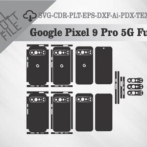 以下が含まれることがあります： Google Pixel 9 Pro 5G電話用の黒いカットファイルデザイン。デザインには、複数の電話の輪郭が含まれており、「Google Pixel 9 Pro 5G Full」というテキストと文字「G」が電話の背面に表示されています。