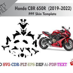 May include: A red Honda CBR 650R motorcycle with black accents is displayed next to a black PPF skin template. The text "Honda CBR 650R (2019-2022) PPF Skin Template" is visible. The image also includes the text "SVG-CDR-PLT-EPS-DXF-Ai-PDF-TEXT".