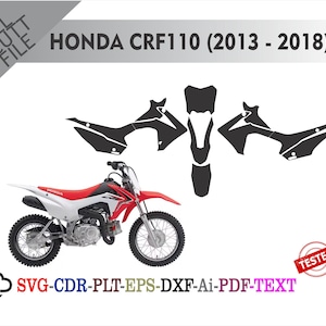 以下が含まれることがあります： 赤、白、黒のホンダCRF110ダートバイクと、それに合わせたグラフィックセット。画像には「HONDA CRF110（2013-2018）」というテキストと、ファイルタイプのオプション（SVG、CDR、PLT、EPS、DXF、Ai、PDF、TEXT）が含まれています。