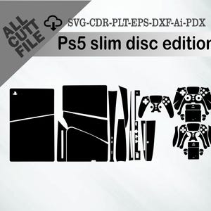 Może przedstawiać: Czarno-biała grafika wektorowa edycji Ps5 slim disc, w tym kontury konsoli i kontrolera. Obraz zawiera również tekst "ALL CUTT FILE" i "Ps5 slim disc edition".