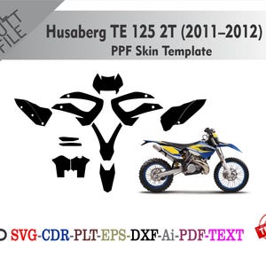 Op de afbeelding: Een Husaberg TE 125 2T (2011-2012) PPF skin template wordt in zwart getoond, met een motorfiets op de achtergrond. De sjabloon is een reeks zwarte vormen. De motorfiets is blauw, geel en zilver.