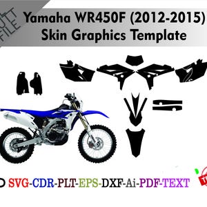 Puede incluir: Una plantilla de gráficos de piel para Yamaha WR450F (2012-2015). La imagen muestra una motocicleta azul y blanca con plantillas gráficas negras. Se muestra el texto "Yamaha WR450F (2012-2015) Skin Graphics Template".