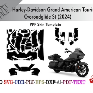 Könnte beinhalten: Ein schwarzes Harley-Davidson Grand American Touring Cvoroadglide St (2024) Motorrad mit einer PPF-Skin-Vorlage. Das Bild enthält ein Motorrad und schwarze Schnittdateivorlagen. Der Text enthält "SVG-CDR-PLT-EPS-DXF-Ai-PDF-TEXT" und "TESTED".