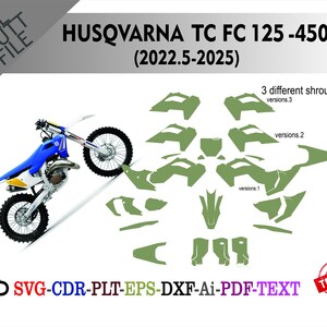Może przedstawiać: Niebiesko-biały motocykl Husqvarna TC FC 125-450, z czarnymi oponami, jest pokazany w pozycji wheelie. Towarzyszą mu zielone szablony dla różnych wersji owiewek. Obraz zawiera tekst "HUSQVARNA TC FC 125-450 (2022.5-2025)" oraz opcje typu pliku.