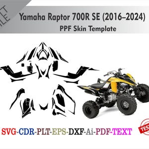 May include: A black and yellow Yamaha Raptor 700R SE ATV with a PPF skin template. The image includes a black and white template outline and the text "Yamaha Raptor 700R SE (2016-2024)" and "PPF Skin Template".