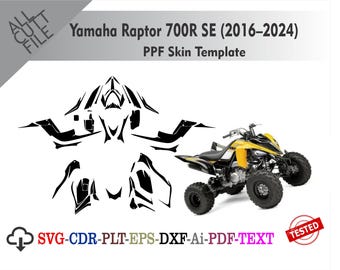 May include: A black and yellow Yamaha Raptor 700R SE ATV with a PPF skin template. The image includes a black and white template outline and the text "Yamaha Raptor 700R SE (2016-2024)" and "PPF Skin Template".