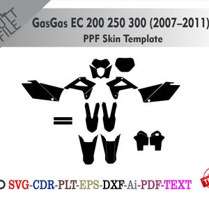 Könnte beinhalten: Schwarze PPF-Skin-Vorlage für GasGas EC 200, 250 und 300 Motorräder (2007-2011). Das Design umfasst verschiedene Ausschnitte für verschiedene Motorradteile. Das Bild enthält auch den Text "SVG-CDR-PLT-EPS-DXF-Ai-PDF-TEXT".