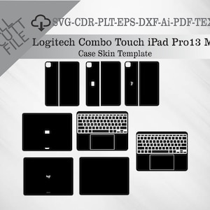 Op de afbeelding: Zwart Logitech Combo Touch iPad Pro13 M4 case skin sjabloon. Het ontwerp bevat meerdere weergaven van de case, inclusief toetsenbord- en covercomponenten. De tekst "ALL CUTT FILE" en bestandsinfo zijn ook aanwezig.