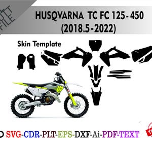 Op de afbeelding: Een Husqvarna TC FC 125-450 (2018.5-2022) motorfiets skin template. De afbeelding bevat een motorfiets en zwarte skin templates. De motorfiets is wit, grijs en geel. De tekst "HUSQVARNA TC FC 125-450 (2018.5-2022)" staat bovenaan.