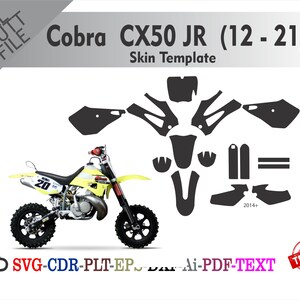 Op de afbeelding: Een geel en zwart Cobra CX50 JR (12-21) skin template met een bijpassende motorfiets. De afbeelding bevat de tekst "Cobra CX50 JR (12-21) Skin Template" en "SVG-CDR-PLT-EP Ai-PDF-TEXT".