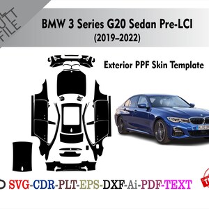 Könnte beinhalten: Ein blaues BMW 3er G20 Sedan Pre-LCI (2019-2022) mit einer schwarzen PPF-Skin-Vorlage. Das Bild enthält den Text "Exterior PPF Skin Template" und Dateitypoptionen: SVG, CDR, PLT, EPS, DXF, Ai, PDF und TEXT.