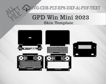 May include: Black and white template for a GPD Win Mini 2023 skin. The image shows the top, bottom, and keyboard layouts, along with the text "ALL CUT FILE" and "GPD Win Mini 2023 Skin Template".
