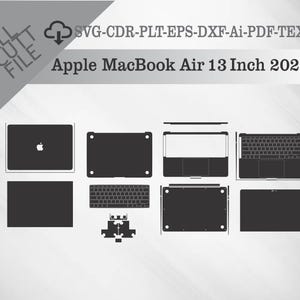 以下が含まれることがあります： Apple MacBook Air 13インチ 2020のラップトップの白黒シルエットで、キーボード、トラックパッド、画面など、ラップトップの個々の部品を示しています。