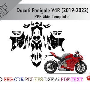 May include: A red and gray Ducati Panigale V4R motorcycle with a black PPF skin template. The image includes the text "Ducati Panigale V4R (2019-2022) PPF Skin Template" and file type options.
