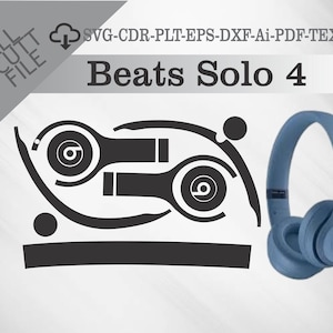 Pode incluir: Um contorno preto e branco de fones de ouvido Beats Solo 4 com um par de fones de ouvido Beats Solo 4 azuis no lado direito da imagem. O texto "Beats Solo 4" está na parte superior da imagem.