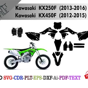 Puede incluir: Una motocicleta Kawasaki KX250F verde y blanca con detalles en negro, y un conjunto de archivos de corte negros para Kawasaki KX250F (2013-2016) y KX450F (2012-2015). La imagen incluye el texto "SVG-CDR-PLT-EPS-DXF-Ai-PDF-TEXT".