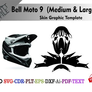 Puede incluir: Un casco de moto Bell Moto 9 negro, blanco y gris con una plantilla gráfica de piel a juego. La imagen incluye el texto "Bell Moto 9 (Medium & Large)" y opciones de tipo de archivo: SVG, CDR, PLT, EPS, DXF, Ai y PDF.