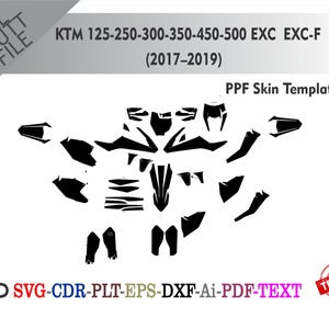 Op de afbeelding: Een zwarte PPF skin template voor KTM 125-250-300-350-450-500 EXC EXC-F (2017-2019) motorfietsen. De template bevat verschillende snijbestanden in SVG, CDR, PLT, EPS, DXF, Ai en PDF formaten. Het woord "TESTED" staat in een rode cirkel.