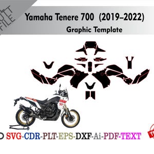 May include: A graphic template for the Yamaha Tenere 700 (2019-2022) motorcycle. The image shows a black and white motorcycle and a black graphic template with red accents. Text includes "Yamaha Tenere 700" and file type options.
