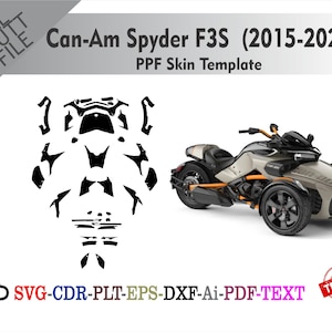 Puede incluir: Un modelo de piel PPF Can-Am Spyder F3S (2015-2024), con un dise&ntilde;o de archivo de corte negro y una motocicleta de tres ruedas. La imagen incluye el texto "SVG-CDR-PLT-EPS-DXF-Ai-PDF-TEXT" y un sello "TESTED".
