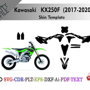 以下が含まれることがあります： カワサキKX250F（2017-2020）スキンのテンプレートが表示され、緑と白のオートバイが特徴です。画像には、オートバイの輪郭とさまざまな黒いカットファイル形状が含まれています。テキストには「ALL CUT FILE」、「Kawasaki KX250F（2017-2020）」、「Skin Template」が含まれています。