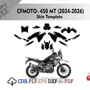 Op de afbeelding: Een digitale skin-sjabloon voor een CFMOTO 450 MT motorfiets, modeljaren 2024-2026. De afbeelding toont een zwarte motorfiets en een set zwarte sticker-vormen erboven, met de tekst ALL CUTT FILE, CFMOTO- 450 MT (2024-2026) Skin Template, TESTED en CDR-PLT-EPS-DXF-Ai-PDF.