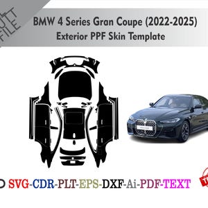 Könnte beinhalten: Eine schwarz-weiße Außen-PPF-Skin-Vorlage für einen BMW 4er Gran Coupe (2022-2025). Das Bild enthält ein Auto und ein Diagramm der Vorlage. Der Text enthält "ALL CUT FILE" und "TESTED".