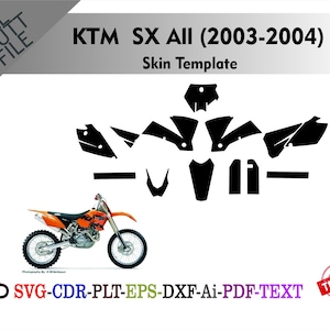 Może przedstawiać: Pomarańczowo-czarny szablon skóry KTM SX All (2003-2004) z ilustracją motocykla. Obraz zawiera tekst "ALL CUT FILE" i "TESTED". Formaty plików to SVG, CDR, PLT, EPS, DXF, Ai i PDF.