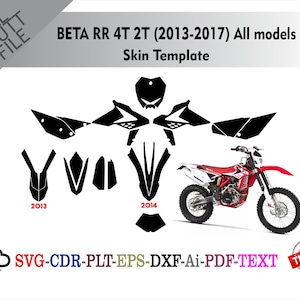 Può includere: Un modello di skin nero per una moto Beta RR 4T 2T, modelli 2013-2017, con una moto rossa e bianca. Il testo recita "BETA RR 4T 2T (2013-2017) All models Skin Template".