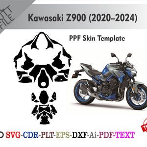 以下が含まれることがあります： 白い背景に、カワサキZ900オートバイ用の白黒PPFスキンテンプレートがあります。画像には、青とシルバーのオートバイと「Kawasaki Z900（2020-2024）」と「PPF Skin Template」のテキストが含まれています。