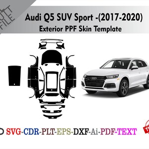 Può includere: Un'Audi Q5 SUV Sport bianca (2017-2020) con un modello di skin PPF nero. L'immagine include un diagramma del modello di skin PPF esterno e una grafica dell'auto. Il testo include "SVG-CDR-PLT-EPS-DXF-Ai-PDF-TEXT".