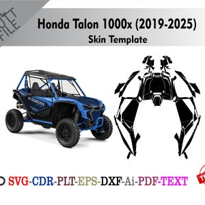 Può includere: Un UTV fianco a fianco blu Honda Talon 1000x (2019-2025) con ruote nere e un modello di skin nero. L'immagine include il testo "Honda Talon 1000x (2019-2025) Skin Template" e icone di tipo di file.