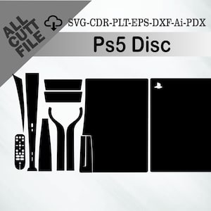 May include: Black and white digital cut file design for a Ps5 Disc. Includes various shapes and a remote control silhouette. The text "ALL CUTT FILE" and "Ps5 Disc" are visible.