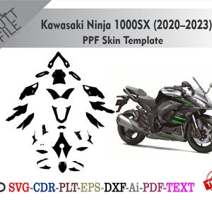 Könnte beinhalten: Ein schwarzes und grünes Kawasaki Ninja 1000SX Motorrad mit einer PPF-Skin-Vorlage. Die Vorlage ist eine schwarze Umrisszeichnung der Motorradteile. Der Text auf dem Bild lautet "Kawasaki Ninja 1000SX (2020-2023) PPF Skin Template."
