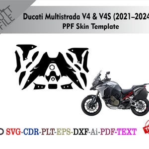 May include: A black PPF skin template for a Ducati Multistrada V4 & V4S motorcycle (2021-2024). The image includes a side view of the motorcycle and the template design. Text includes "ALL CUT FILE", "Ducati Multistrada V4 & V4S (2021-2024) PPF Skin Template", and file type options.