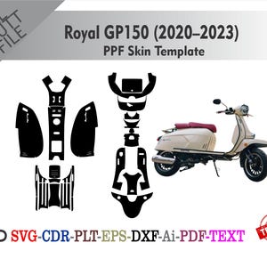 Könnte beinhalten: Eine PPF-Skin-Vorlage für einen Royal GP150-Roller (2020-2023). Das Bild zeigt schwarze Ausschnittvorlagen für verschiedene Teile des Rollers, zusammen mit einem cremefarbenen Roller mit rotem Sitz. Der Text "Royal GP150 (2020-2023) PPF Skin Template" wird angezeigt.