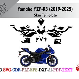 May include: A blue Yamaha YZF-R3 motorcycle with black skin template graphics. The image includes the text "Yamaha YZF-R3 (2019-2025) Skin Template" and file type options: SVG, CDR, PLT, EPS, DXF, Ai, PDF, and TEXT.