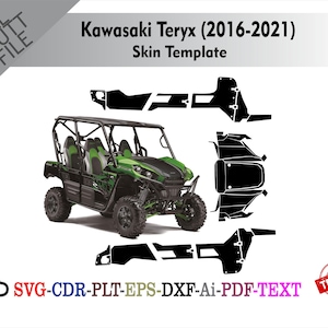 Può includere: Un veicolo side-by-side Kawasaki Teryx verde e nero con un modello di skin. L'immagine include il testo "Kawasaki Teryx (2016-2021) Skin Template" e le opzioni di tipo di file: SVG, CDR, PLT, EPS, DXF, Ai, PDF e TEXT.