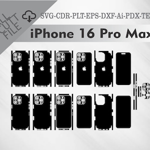 以下が含まれることがあります： iPhone 16 Pro Max の携帯電話ケース用の白黒デジタルテンプレート。テンプレートには、電話本体、カメラ、ボタンが含まれています。